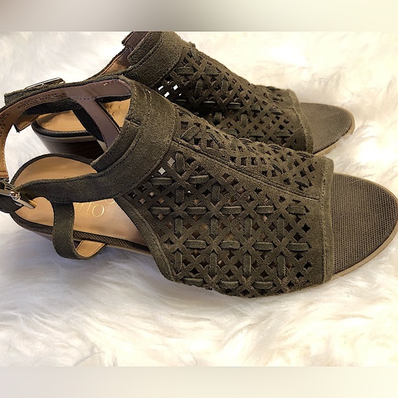 Franco Sarto Harlet 3 - Perforated Suede Sandal w/Block Heel - Olive, Size 8.5 - Picture 2 of 6